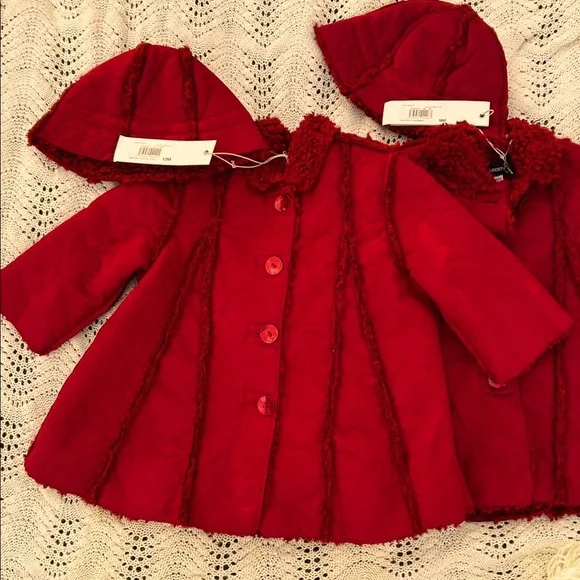 NWT Jean Bourget Cranberry Faux Suede Fleece Lined Girls Coat & Hat Sz 9 mo - Picture 10 of 11